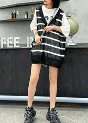 French black striped shirts v neck summer shirt - SooLinen