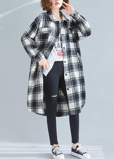 French black white plaid cotton top silhouette lapel pockets cotton tops - SooLinen