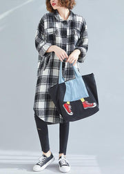 French black white plaid cotton top silhouette lapel pockets cotton tops - SooLinen