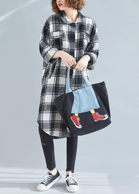 French black white plaid cotton top silhouette lapel pockets cotton tops - SooLinen