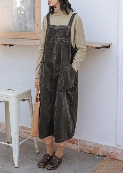 French blackish green cotton quilting clothes Spaghetti Strap pockets Maxi Dresses - SooLinen