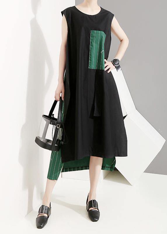 French blended clothes For Women Mom Spliced Striped Casual Irregular Sleeveless Dress - SooLinen