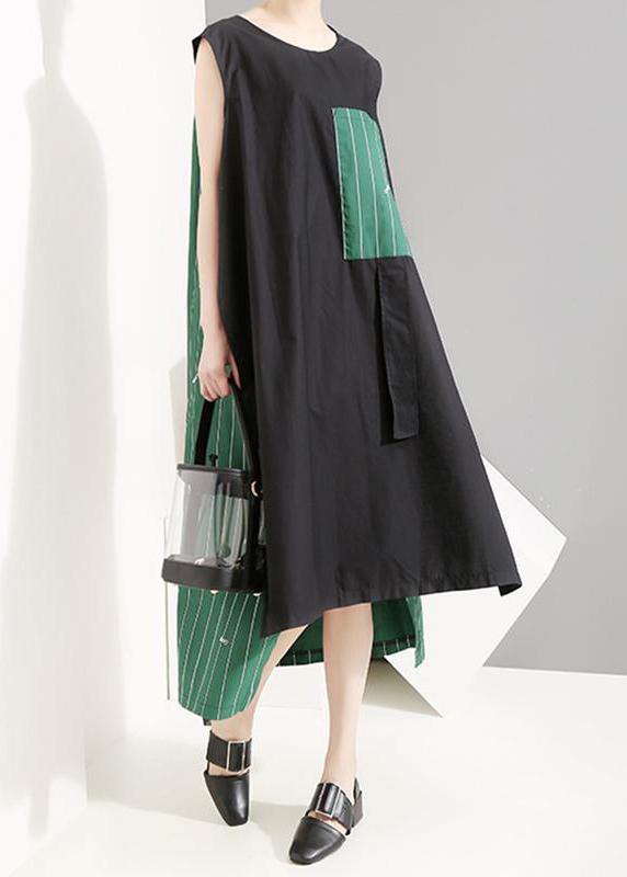 French blended clothes For Women Mom Spliced Striped Casual Irregular Sleeveless Dress - SooLinen