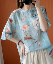French blue print clothes o neck half sleeve baggy blouse - SooLinen