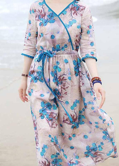 French blue print dress v neck drawstring long spring Dress - SooLinen