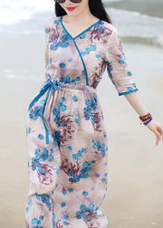 French blue print dress v neck drawstring long spring Dress - SooLinen