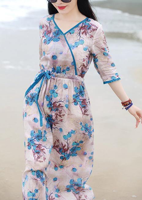 French blue print dress v neck drawstring long spring Dress - SooLinen