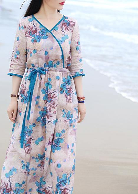 French blue print dress v neck drawstring long spring Dress - SooLinen