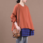 French brown blouses for women o neck patchwork Knee top - SooLinen