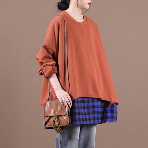 French brown blouses for women o neck patchwork Knee top - SooLinen