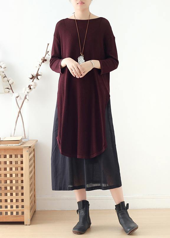 French burgundy Long Shirts o neck side open Art Dress - SooLinen