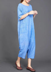 French cotton jumpsuit pants fine blue Solid Color Casual Loose Comfortable Jumpsuit - SooLinen
