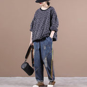 French dark gray Leopard tops women blouses o neck loose blouses - SooLinen