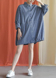 French drawstring Cotton dresses Fabrics dark blue shirt Dress fall - SooLinen