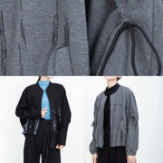 French elastic hem fine zippered short coats gray prints short outwear - SooLinen