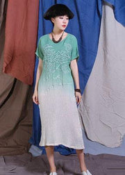 French embroidery cotton linen clothes For Women Wardrobes green gradient color Dress summer - SooLinen