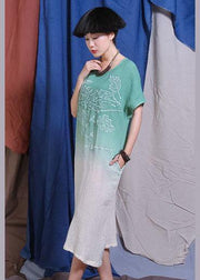 French embroidery cotton linen clothes For Women Wardrobes green gradient color Dress summer - SooLinen