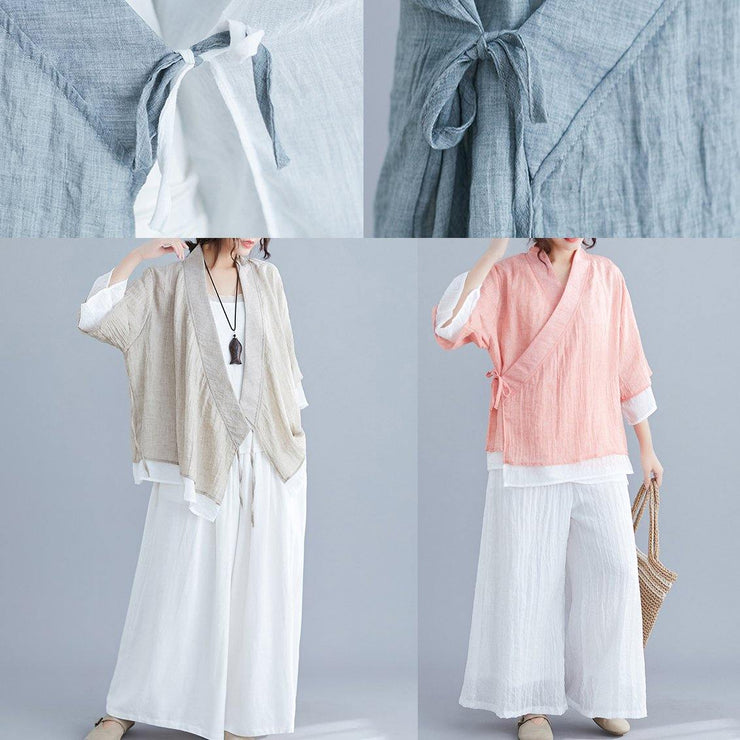 French gray cotton Tunic pattern v neck half sleeve summer shirts - SooLinen