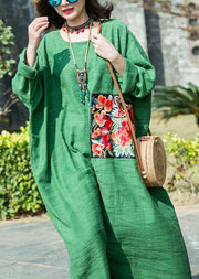 French green cotton linen clothes o neck patchwork Maxi summer Dresses - SooLinen