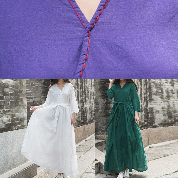 French green embroiedry linen Wardrobes bracelet sleeved loose fall Dresses - SooLinen