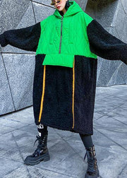 French green patchwork  clothes hooded zippered Robe fall Dresses - SooLinen