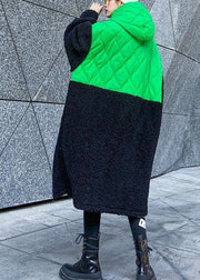 French green patchwork  clothes hooded zippered Robe fall Dresses - SooLinen