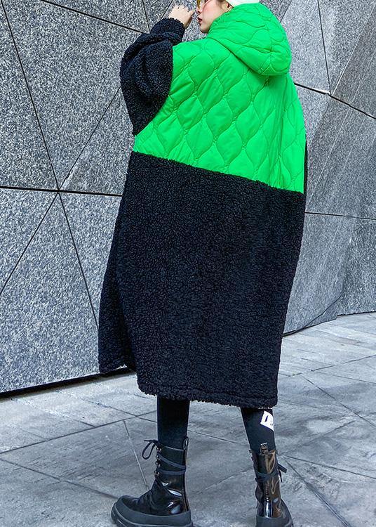 French green patchwork  clothes hooded zippered Robe fall Dresses - SooLinen