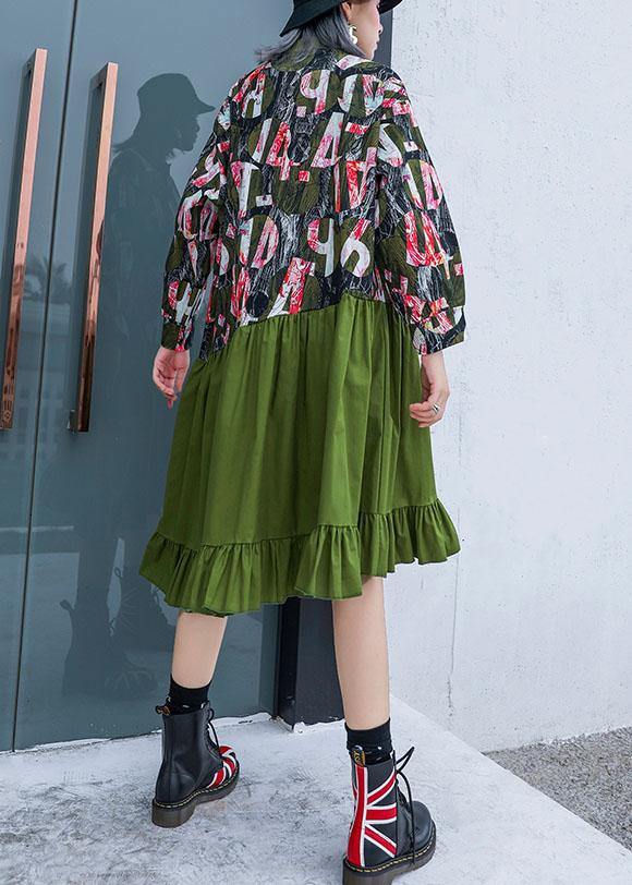 French green patchwork Cotton quilting dresses prints Plus Size fall Dress - SooLinen