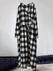 French green plaid cotton dresses v neck drawstring Traveling spring Dresses - SooLinen