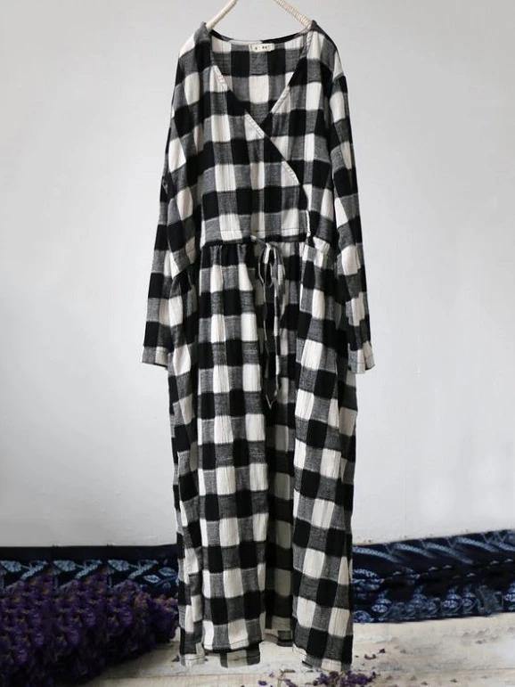 French green plaid cotton dresses v neck drawstring Traveling spring Dresses - SooLinen