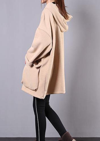 French hooded thick cotton linen tops women khaki shirt - SooLinen