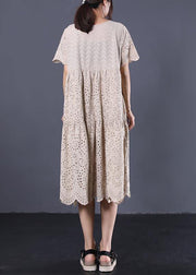 French khaki cotton dresses asymmetric hollow out Art summer Dresses - SooLinen