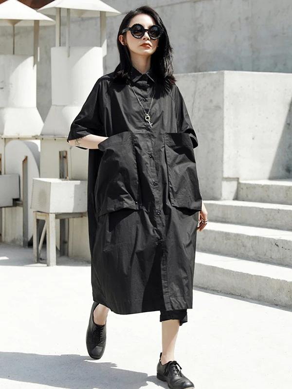 French lapel Large poeckets Cotton summer dresses Photography black Dresses - SooLinen