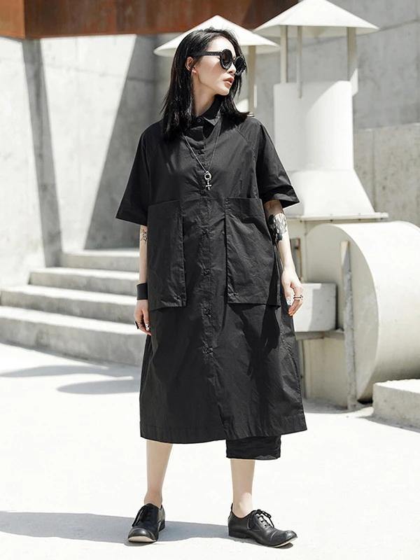French lapel Large poeckets Cotton summer dresses Photography black Dresses - SooLinen