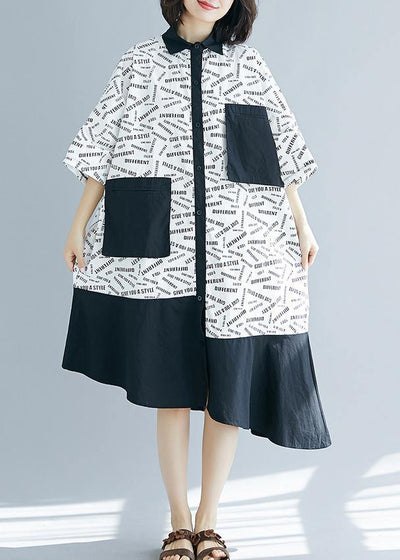 French lapel patchwork asymmetric Cotton white print Dresses summer - SooLinen