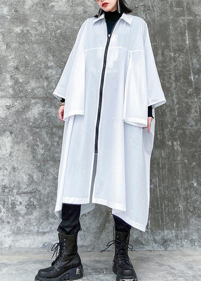 French lapel zippered Fashion crane coats white Midi women coats - SooLinen