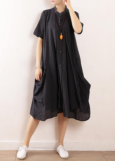 French navy linen cotton Soft Surroundings Boho Wardrobes short sleeve Maxi summer Dress - SooLinen