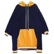 French navy top hooded drawstring Plus Size Clothing fall blouses - SooLinen