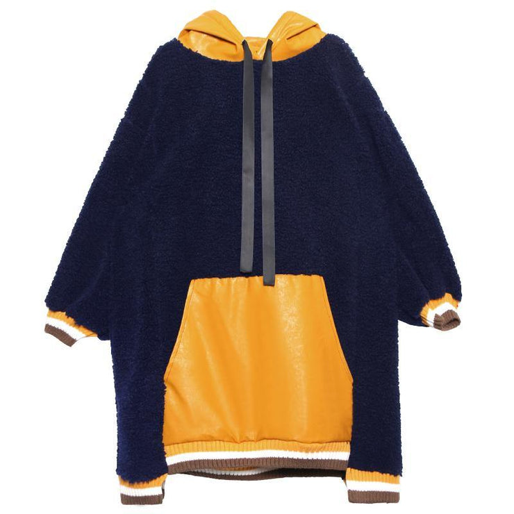 French navy top hooded drawstring Plus Size Clothing fall blouses - SooLinen