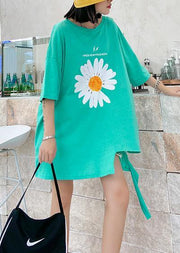 French o neck asymmetric cotton blouses for women green daisy blouses - SooLinen