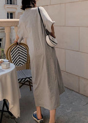 French o neck cotton outfit Fabrics gray drawstring loose Dress summer - SooLinen