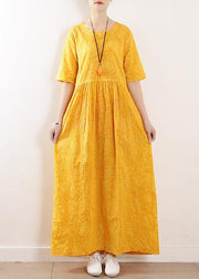French o neck half sleeve cotton linen summer Robes yellow Dress - SooLinen
