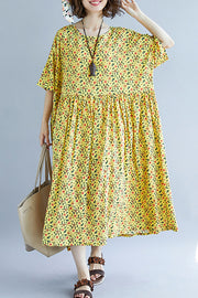Französisches O-Ausschnitt, Cinched-Baumwollkleid 2019, Design, gelber Druck, A-Linie, Sommerkleider