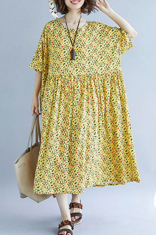 Französisches O-Ausschnitt, Cinched-Baumwollkleid 2019, Design, gelber Druck, A-Linie, Sommerkleider