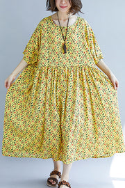 Französisches O-Ausschnitt, Cinched-Baumwollkleid 2019, Design, gelber Druck, A-Linie, Sommerkleider