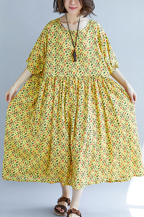 Französisches O-Ausschnitt, Cinched-Baumwollkleid 2019, Design, gelber Druck, A-Linie, Sommerkleider