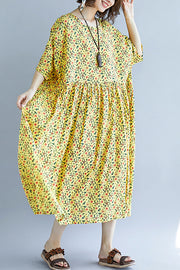 Französisches O-Ausschnitt, Cinched-Baumwollkleid 2019, Design, gelber Druck, A-Linie, Sommerkleider