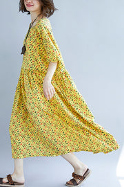 Französisches O-Ausschnitt, Cinched-Baumwollkleid 2019, Design, gelber Druck, A-Linie, Sommerkleider