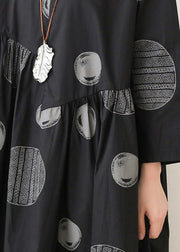 French o neck Cinched dresses Neckline black dotted Maxi Dress - SooLinen