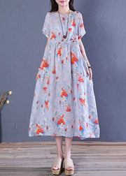 French o neck Cinched linen Robes Wardrobes blue print Dress - SooLinen